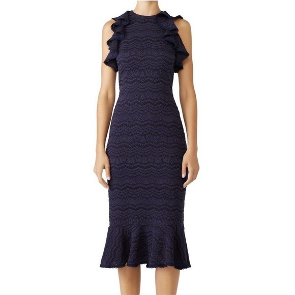 Slate & Willow Dresses & Skirts - Slate & Willow Lined Midnight Blue Ruffle Sheath Midi Dress Romance Date Night